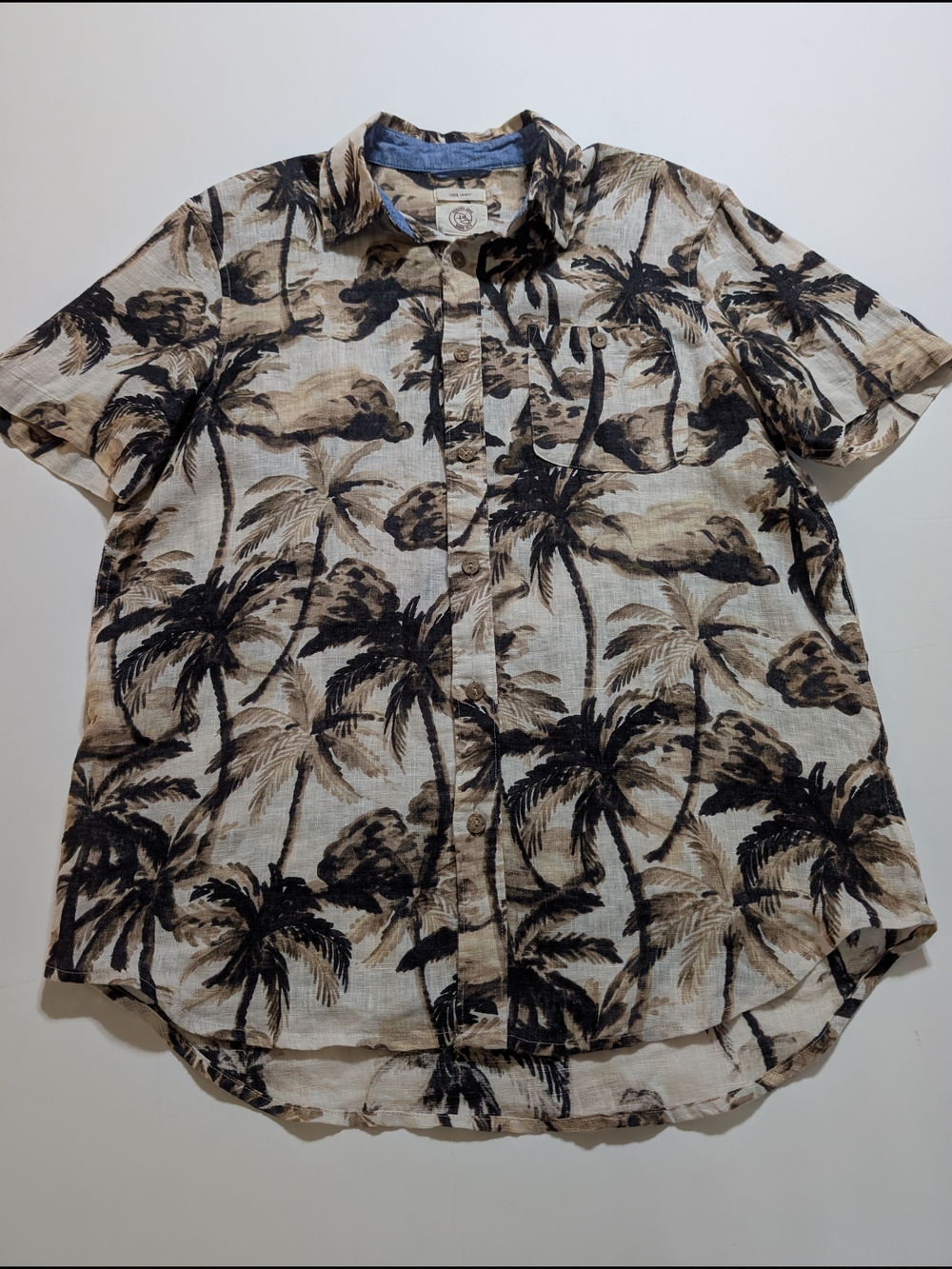 Panama Jack 100% Linen Beige and Black Palm-Print Short Sleeve Button-Down Shirt